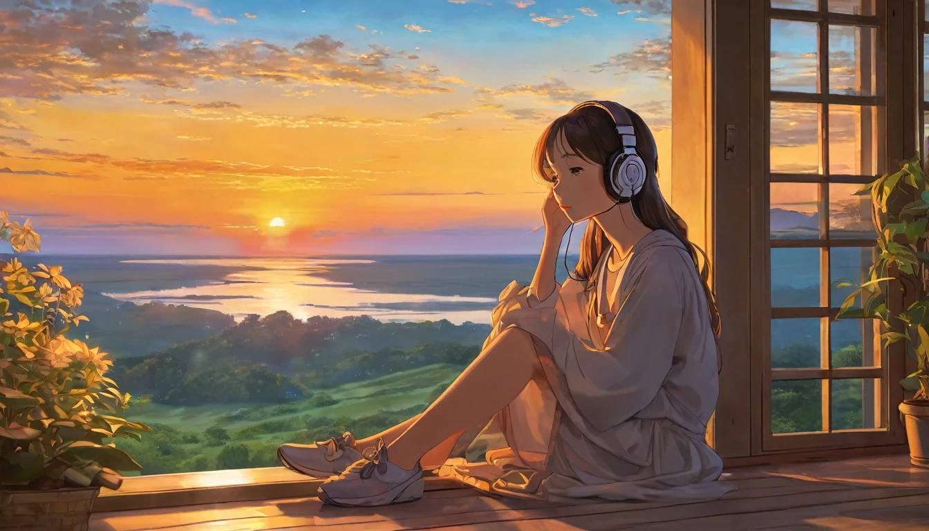 A young woman with headphones, entranced by the stunning sunset before her. She radiates peace and contentment, her eyes reflecting the warm hues of the sky as she basks in the glow of nature's beauty. This scene is portrayed in a beautifully detailed anime-style painting, capturing the girl's serene expression and the vibrant colors of the setting sun. The cozy atmosphere of her home is evident in the warm lighting and comfortable surroundings, enhancing the overall sense of tranquility and comfort emanating from the image.