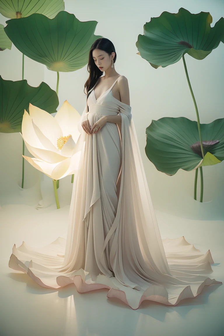light pink and light white shades,Full body female love, White background, natural lighting, Light effect, minimalist, elegant, pure tenderness, soft light lighting, realistically. a woman is (clavicle, bshoulder,) placed in a (pray and stand) super giant lotus,The petals are big and long (The petals are thin, soft gauze, Full background of flowing petals, floating petals, super flying petals, Mixed effect of smoke and petals), lotus dress,((perspective)).lotus_leaf_fairy