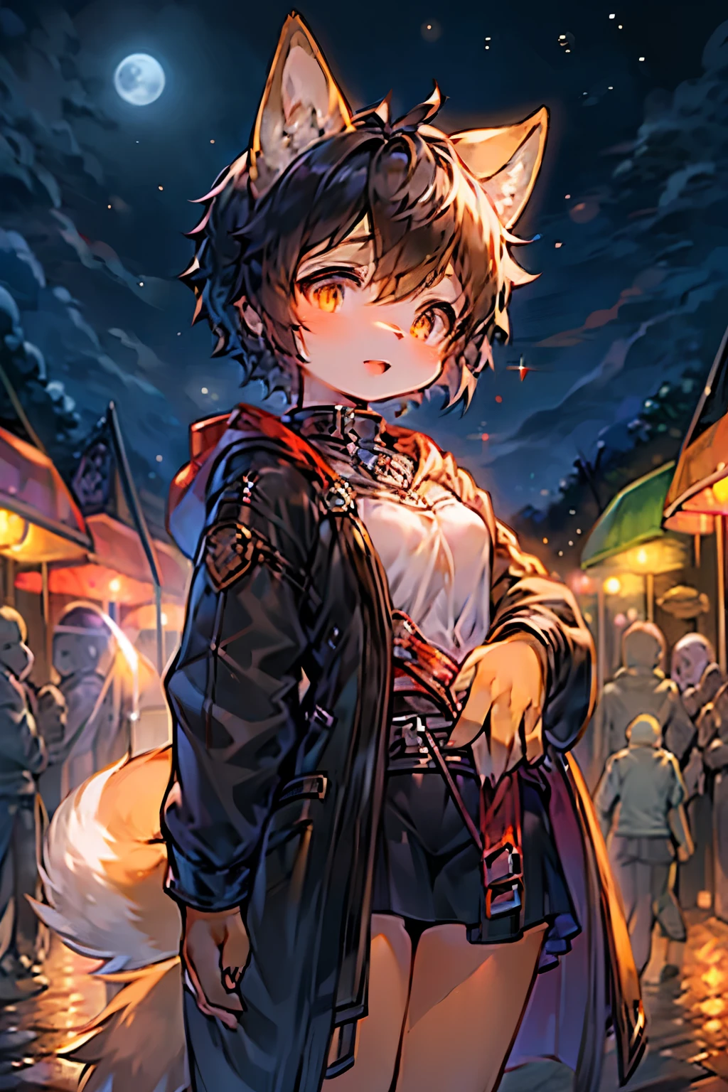 Fox Girl，Furry girls，Characteristics of female infants and young children，Black hair，Orange Skin，Black Arm，Magic suit，Short skirt，Medieval town background