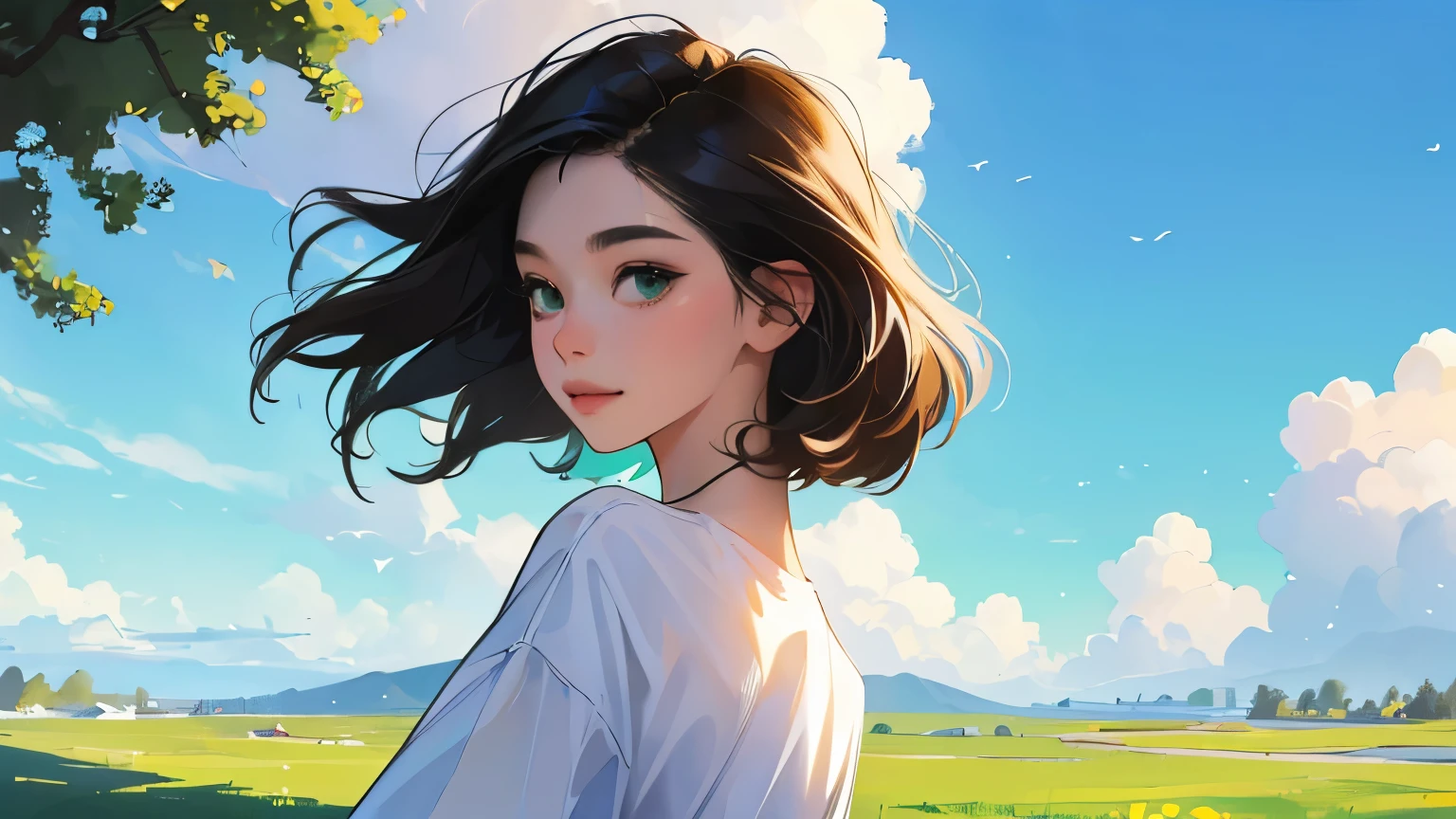 ((masterpiece)),(((bestquality))),((ultra-detailed)) realisticlying, 1 girl, Beautiful, shirt, black hair, happy, morning, blue sky, green, looking to viewer