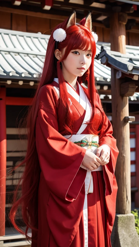 Red Hair Color、long hair、Shrine maiden outfit、Japanese、Fox's Tail