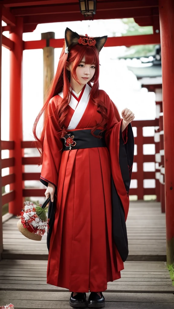 Red Hair Color、long hair、Shrine maiden outfit、Japanese、Fox&#39;s Tail 