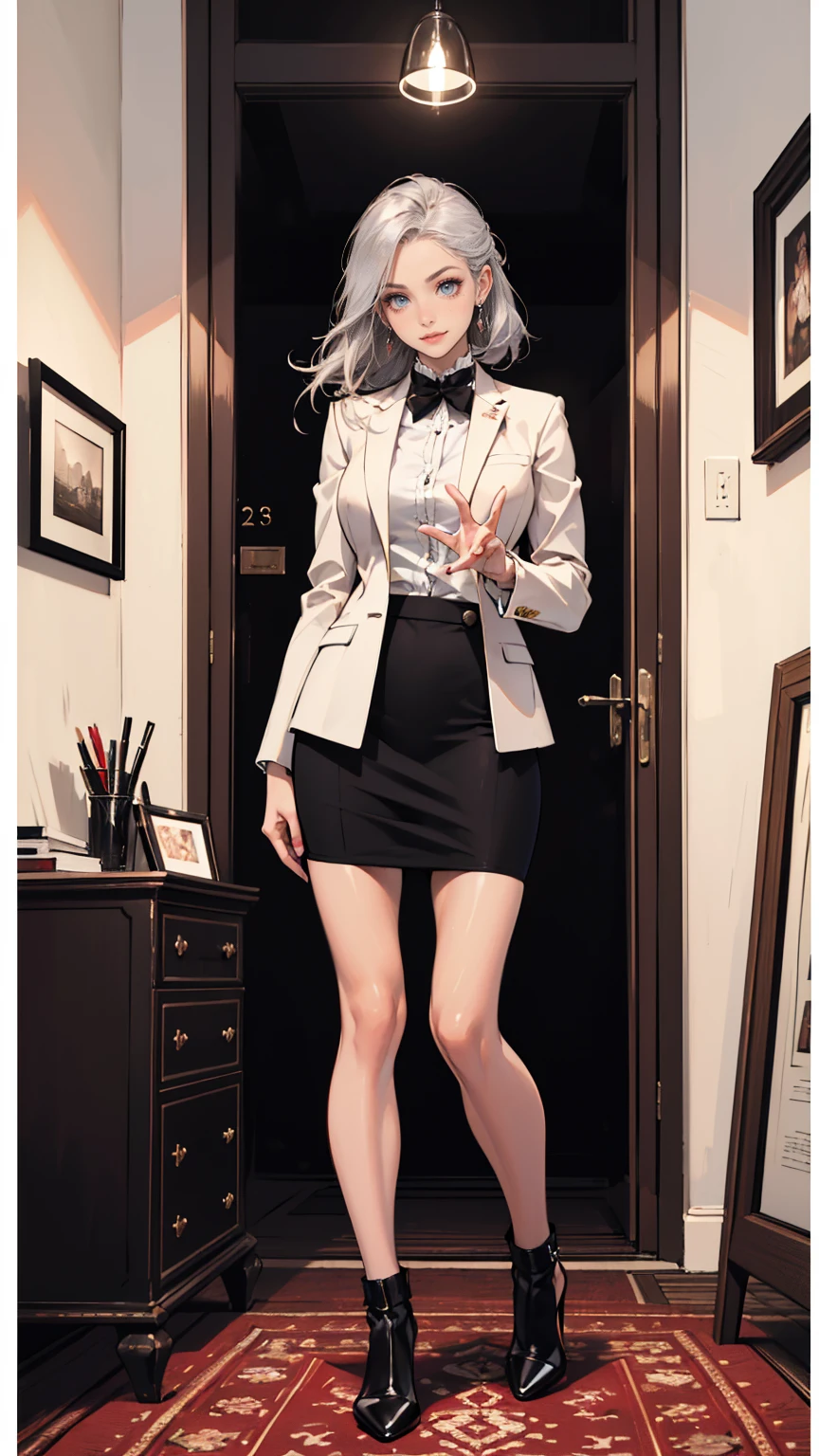 (best quality,4k,highres,masterpiece:1.2)),((character concept art)),female CEO,red velvet blazer,short fit black pencil skirt,confident gaze,seductive smile,luxurious office,modern interior design,elegant hairstyle,well-manicured nails,high heels,immaculate makeup,expensive accessories,dominant posture,natural sunlight,city skyline view,powerful aura,vibrant red colors,sleek architecture,sharp focus on details,professional ambiance,successful businesswoman,sophisticated elegance,commanding presence,crafted wooden desk,leather chair,impressive artwork hanging on the wall,impeccable fashion sense,meticulously arranged files,steel and glass structure,reflection on glossy surfaces,gleaming silver accents,subtle shadow play,graceful movements,confidently walking,aura of mystery,empowered woman,limitless potential,breathtaking confidence,inspiring success,worldly achievement,unyielding determination,luxury lifestyle,entrepreneurial spirit,extraordinary vision. ((intricate detail)), super finely detailed hands, ultra finely detailed fingers(((ten fingers))), (standing confidently), (full body showcase), (show full body), (no logos on background), (no logo), ((plain background)), ((plain background)), (((empty background))).