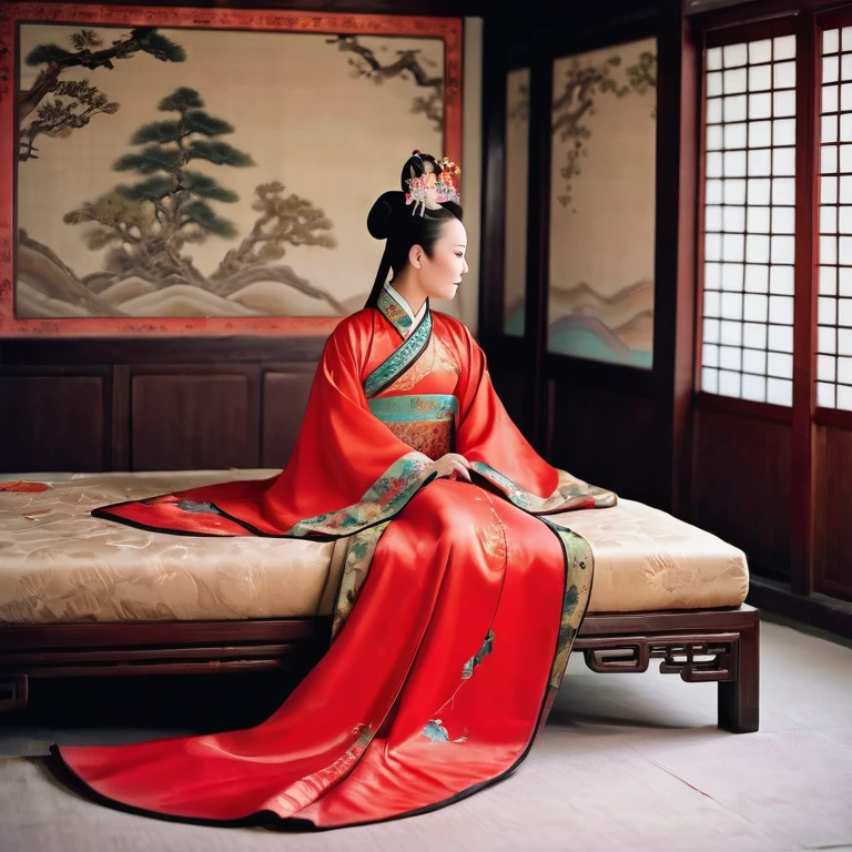 A side view of a Chinese empress, seen from close up on her buttocks. In the background is a room in a Chinese palace during the Qing dynasty, where she is sleeping in red Hanfu with only her large buttocks sticking out. She's not wearing underwear, but her butt is sticking out and floating up. Her hair is decorated with a large, flashy flower. The back of the hair is tied up and up. Erotic Woman