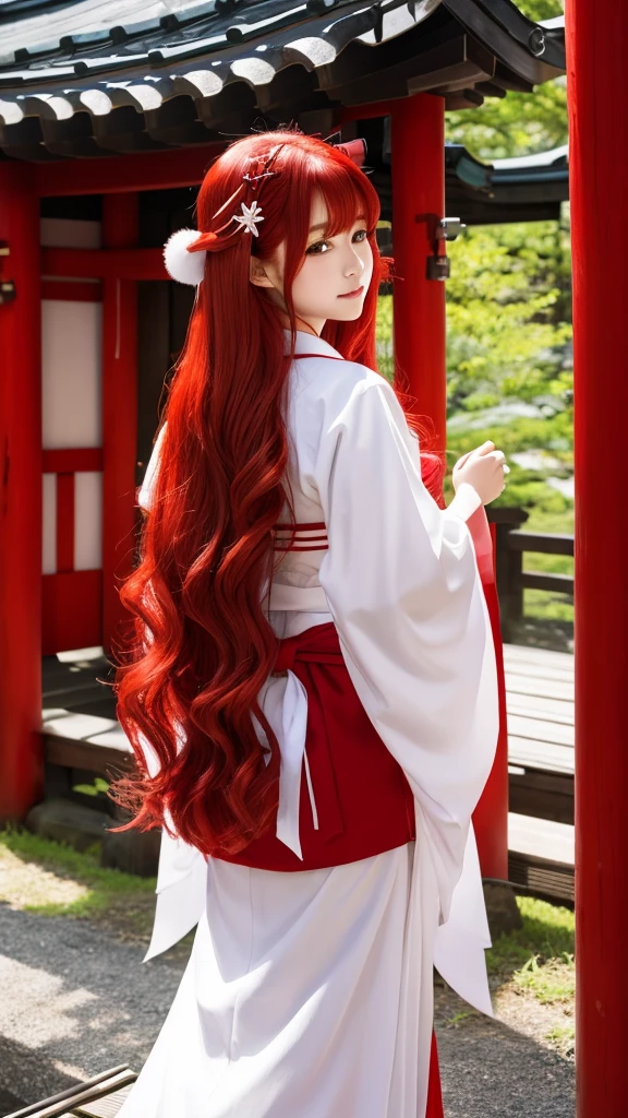 Red Hair Color、long hair、Shrine maiden outfit、Japanese、Fox's Tail