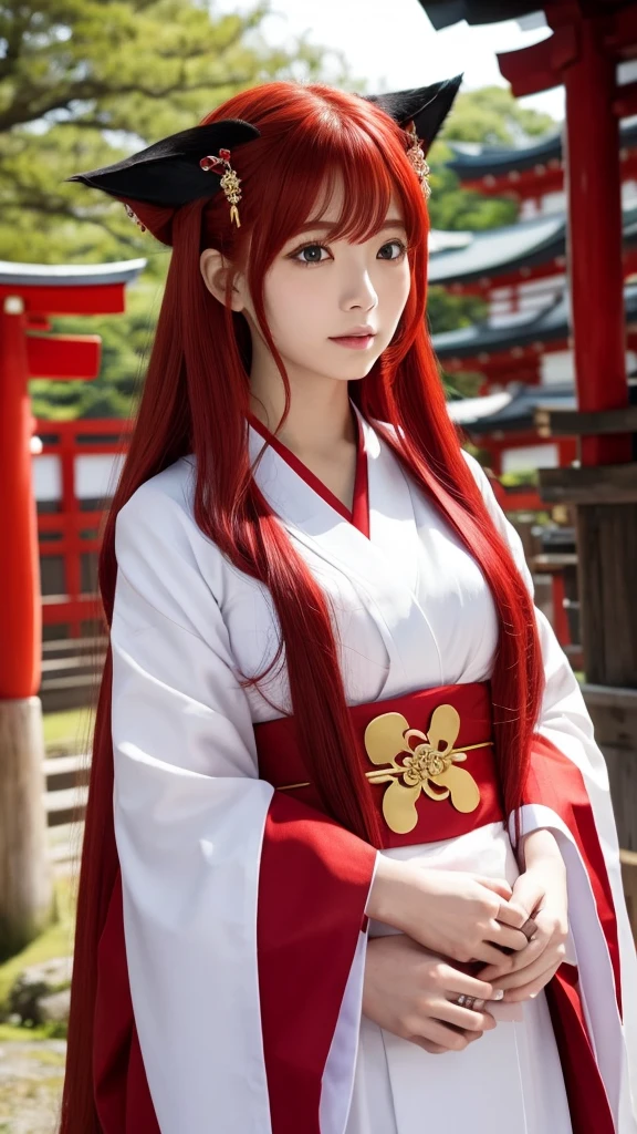 Red Hair Color、long hair、Shrine maiden outfit、Japanese、Fox's Tail