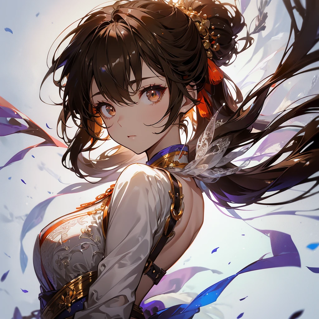 ((masterpiece, best quality)), Epic battlefield atmosphere，Delicate face，girl，China costume，whole body，Standing picture，Perfect body proportions，Double ponytail hair，Beautiful brown eyes，Fantasy style，White background，transparent，Lace