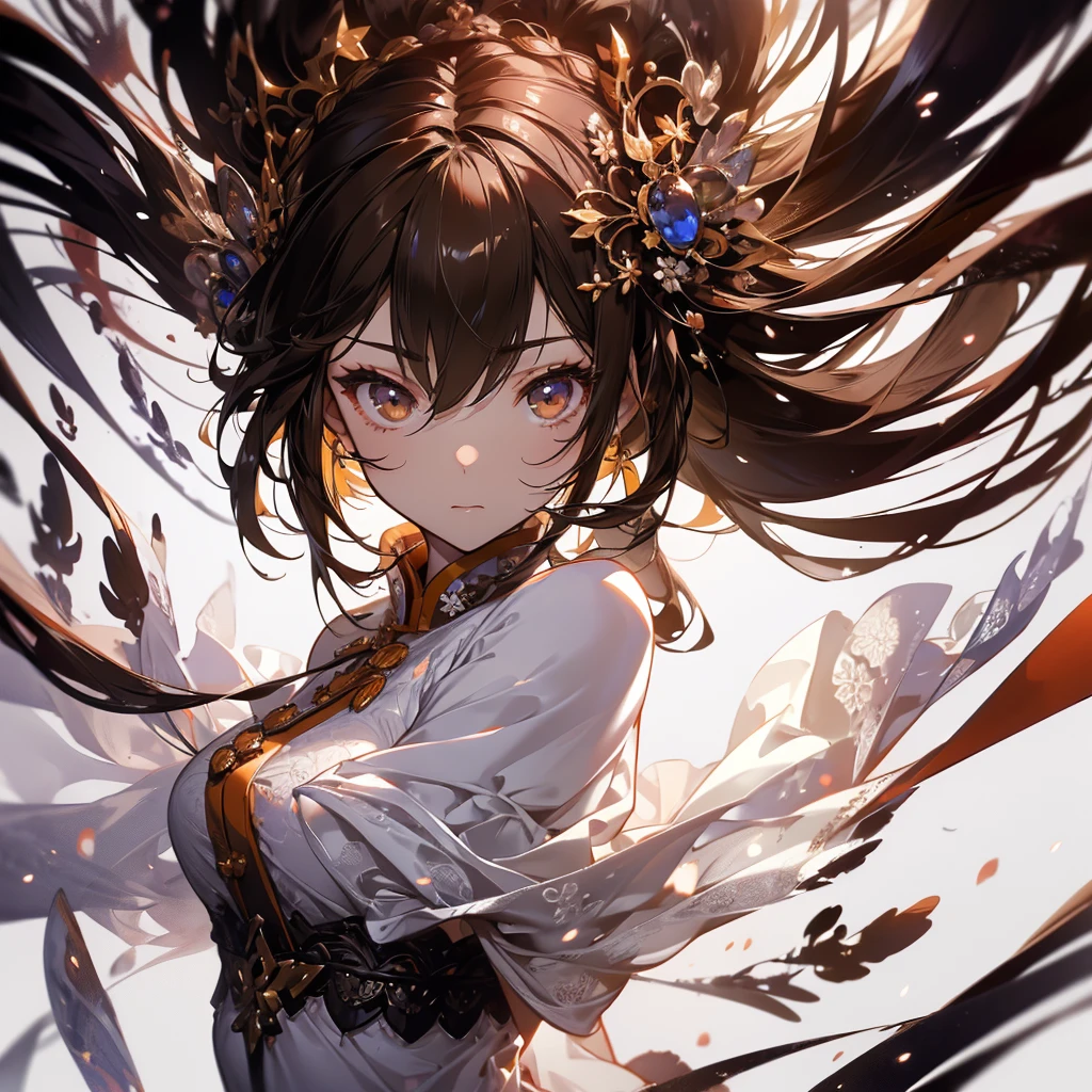 ((masterpiece, best quality)), Epic battlefield atmosphere,Delicate face,girl,China costume,whole body,Standing picture,Perfect body proportions,Double ponytail hair,Beautiful brown eyes,Fantasy style,White background,transparent,Lace