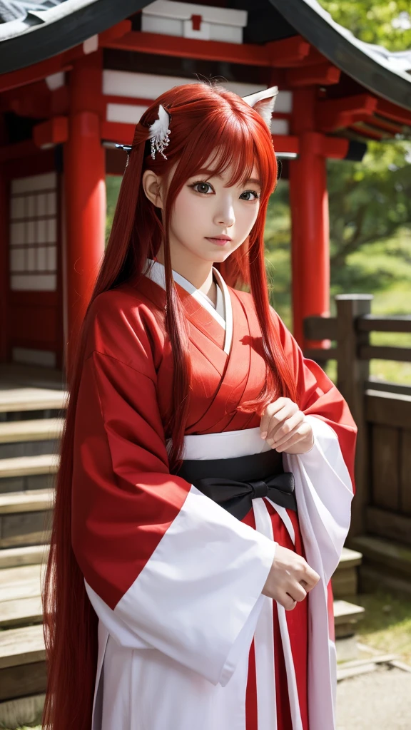 Red Hair Color、long hair、Shrine maiden outfit、Japanese、Fox's Tail