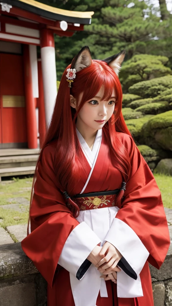 Red Hair Color、long hair、Shrine maiden outfit、Japanese、Fox&#39;s Tail 