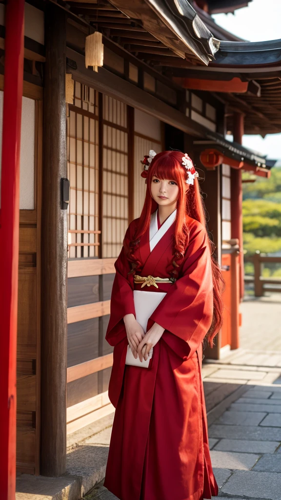 Red Hair Color、long hair、Shrine maiden outfit、Japanese、Fox&#39;s Tail 