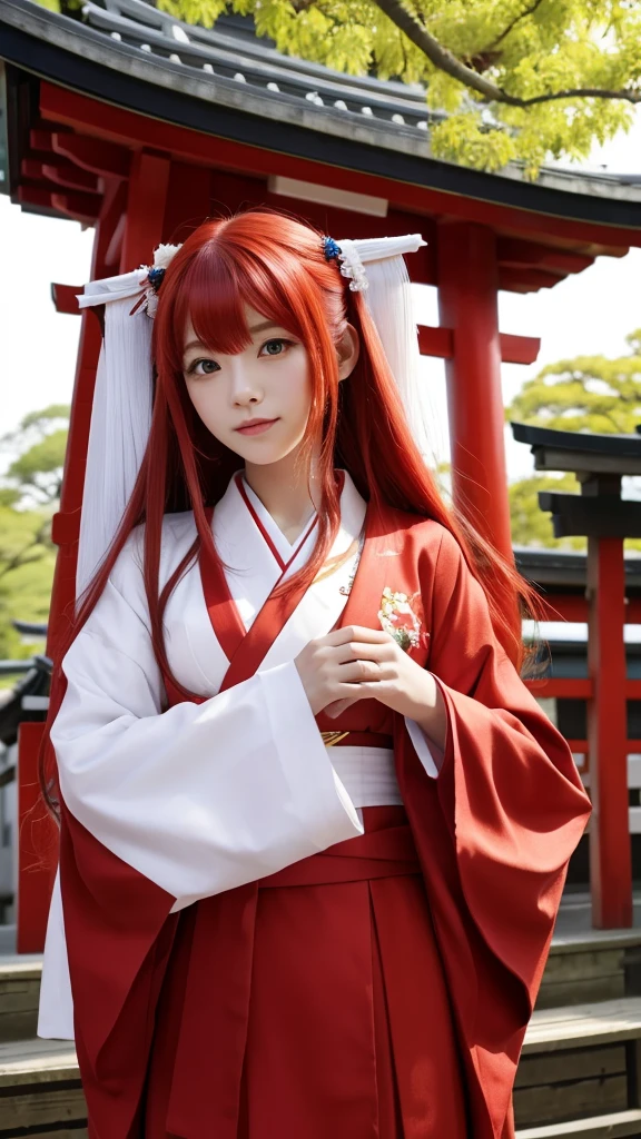 Red Hair Color、long hair、Shrine maiden outfit、Japanese、Fox&#39;s Tail 