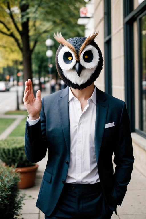 Man wearing an owl mask. He raises his hand in greeting.