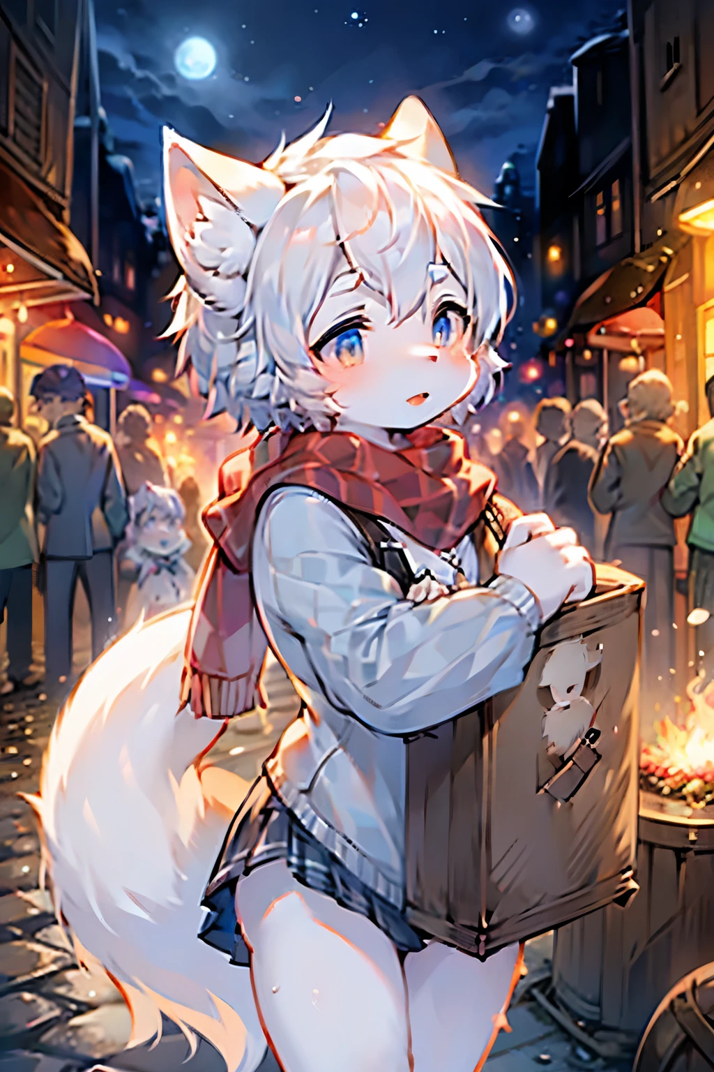 Arctic Fox Girl，Furry girls，Characteristics of female infants and young children，White hair，White skin，White Arm，scarf，Short skirt，Medieval town background