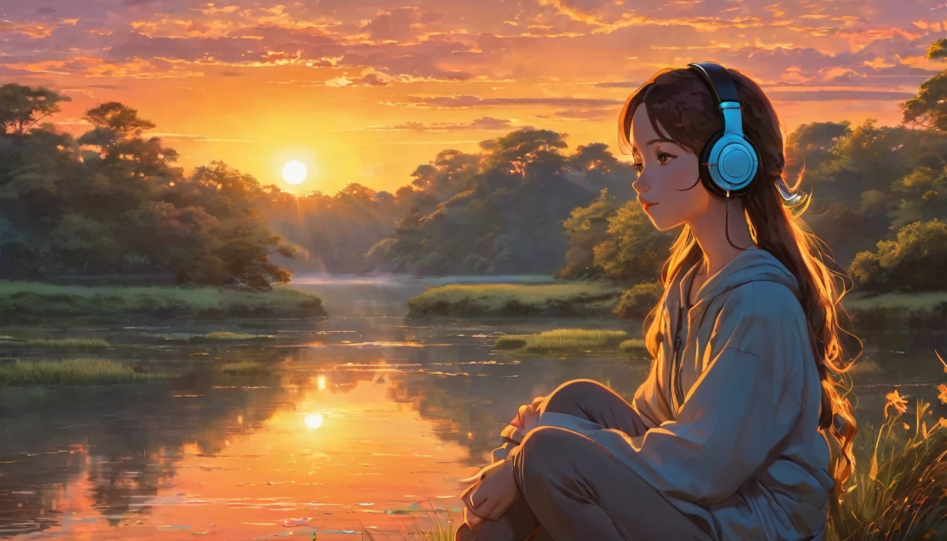 A young woman with headphones, entranced by the stunning sunset before her. She radiates peace and contentment, her eyes reflecting the warm hues of the sky as she basks in the glow of nature's beauty. This scene is portrayed in a beautifully detailed anime-style painting, capturing the girl's serene expression and the vibrant colors of the setting sun. The cozy atmosphere of her home is evident in the warm lighting and comfortable surroundings, enhancing the overall sense of tranquility and comfort emanating from the image.