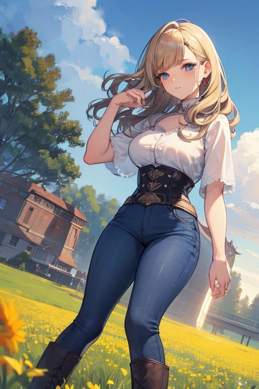 A striking scene with a mature 21-year-old female character, captivating the attention of an adolescent boy in a lively spring field. The woman, with her long wavy blond hair, V-shaped bangs, and blue eyes, exudes confidence in her white blouse and chocolate-colored corset, skinny tight blue jeans, and high boots. The boy, with short dark hair and a slim build, gazes intently at her, showcasing his admiration. The background is a vibrant, sunlit field, creating a dynamic and intriguing atmosphere that tells a story of attraction and curiosity.