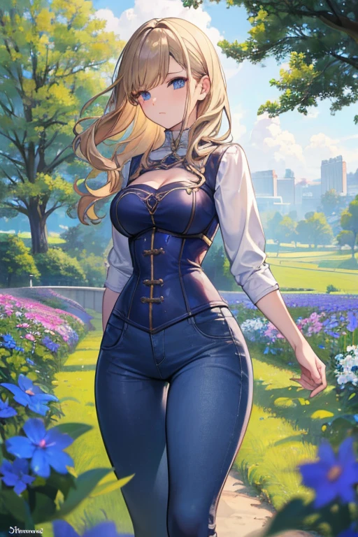 A striking scene with a mature 21-year-old female character, captivating the attention of an adolescent boy in a lively spring field. The woman, with her long wavy blond hair, V-shaped bangs, and blue eyes, exudes confidence in her white blouse and chocolate-colored corset, skinny tight blue jeans, and high boots. The boy, with short dark hair and a slim build, gazes intently at her, showcasing his admiration. The background is a vibrant, sunlit field, creating a dynamic and intriguing atmosphere that tells a story of attraction and curiosity.