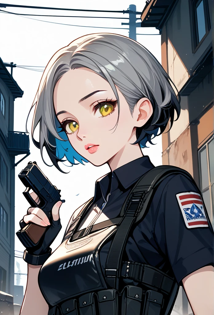 masterpiece, best quality, mature woman, short hair, (buzzcut hair), gray hair, sharp eyes, amber eyes, glossy lips, mature face, sharp expression, focused expression, operative clothing, bulletproof vest, tactical vest, fingerless gloves, holding pistol, abandoned building