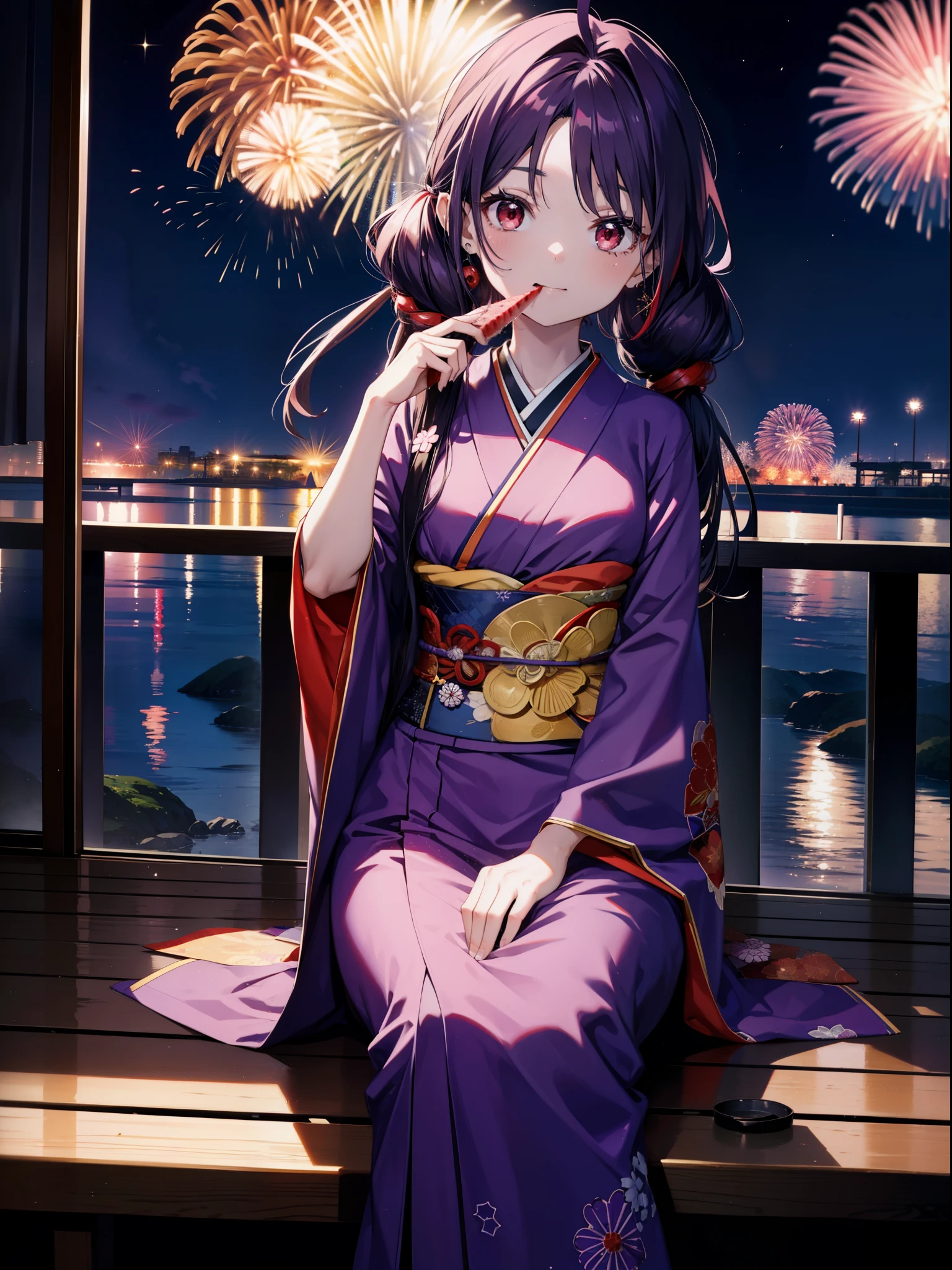 yuukikonno, Yuuki Konno, hair band, Long Hair, Pointed Ears, Purple Hair, Ahoge,(Red eyes:1.5), (Small breasts:1.2),low twin tail,smile,Open your mouth,Purple Kimono,Purple long skirt,Fireworks in the night sky,Fireworks,The place is a fireworks display,Time is night,sunny day,Sitting on a bench,He is eating a triangular piece of red watermelon, holding it in both hands.,Wind Chimes,whole bodyがイラストに入るよう,
break looking at viewer, , whole body, (Cowboy Shot:1. 5)
break indoors, Veranda,Japanese garden,
break (masterpiece:1.2), Highest quality, High resolution, unity 8k wallpaper, (figure:0.8), (Beautiful attention to detail:1.6), Highly detailed face, Perfect lighting, Highly detailed CG, (Perfect hands, Perfect Anatomy),