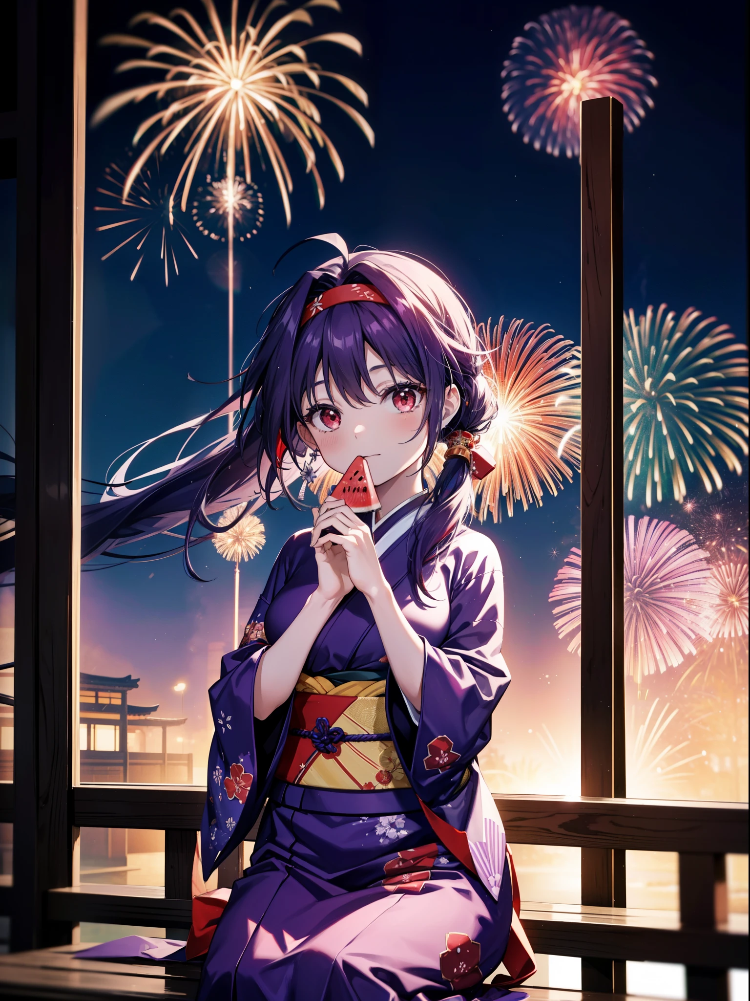 yuukikonno, Yuuki Konno, hair band, Long Hair, Pointed Ears, Purple Hair, Ahoge,(Red eyes:1.5), (Small breasts:1.2),low twin tail,smile,Open your mouth,Purple Kimono,Purple long skirt,Fireworks in the night sky,Fireworks,The place is a fireworks display,Time is night,sunny day,Sitting on a bench,He is eating a triangular piece of red watermelon, holding it in both hands.,Wind Chimes,whole bodyがイラストに入るよう,
break looking at viewer, , whole body, (Cowboy Shot:1. 5)
break indoors, Veranda,Japanese garden,
break (masterpiece:1.2), Highest quality, High resolution, unity 8k wallpaper, (figure:0.8), (Beautiful attention to detail:1.6), Highly detailed face, Perfect lighting, Highly detailed CG, (Perfect hands, Perfect Anatomy),