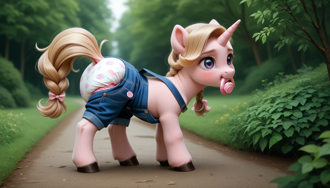 pony, light caramel unicorn, adult mare, plum eyes, lush mane braided, bushy tail, stands on four hooves, rear hooves spread wide apart, wearing adult size pink foal overalls and adult size pink foal booties , adult size pink pacifier in mouth, solo, raised tail, thick pink diaper under clothes, pink blush on cheeks, Embarrassment, Awkwardness.