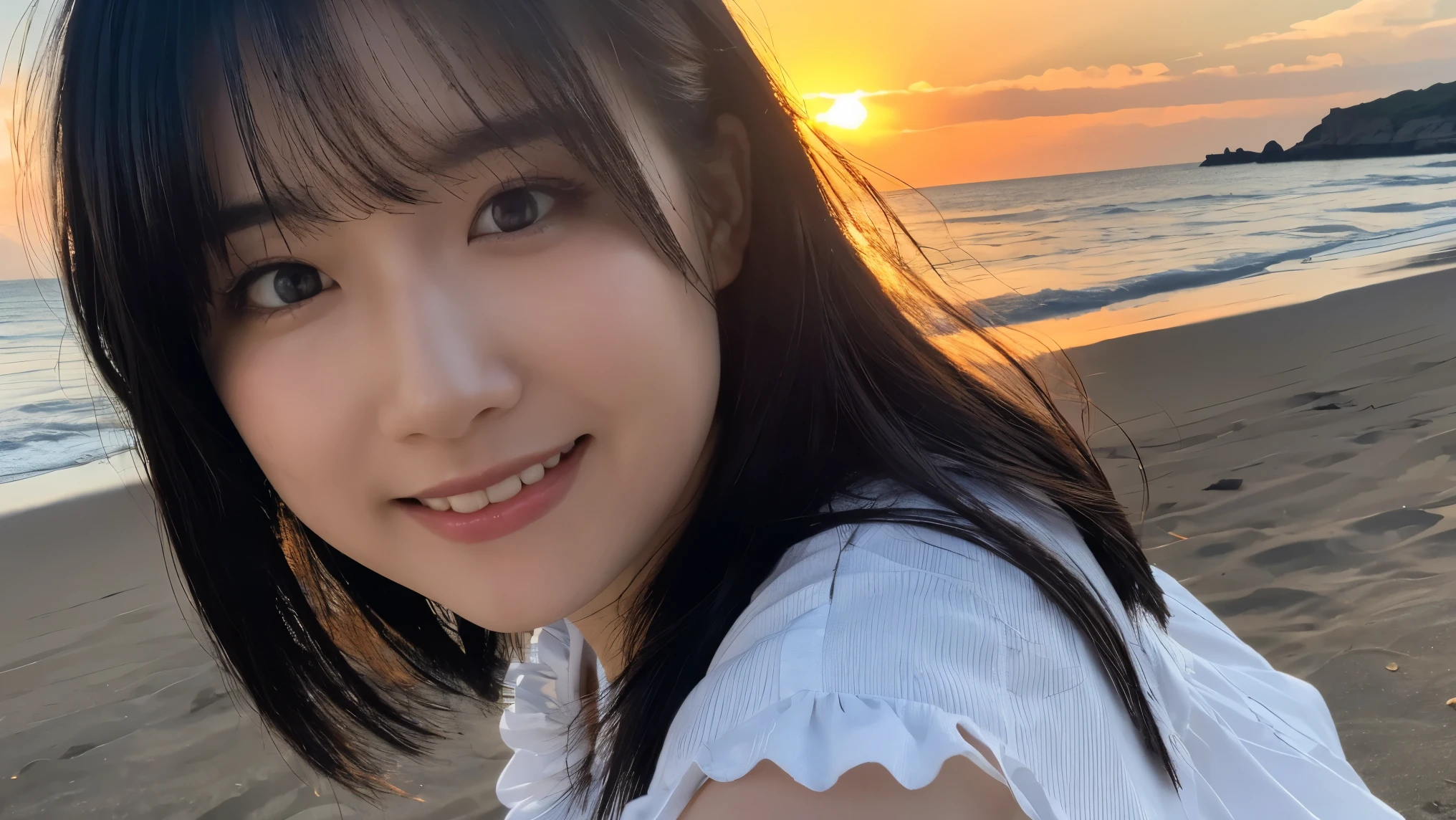 (Highest quality,masterpiece:1.3,Ultra-high resolution),(Very detailed,Caustics,8k),(Realistic:1.4,RAW shooting),Japanese,23 years old,cute,Place your finger on your lips,Are standing,(Big smile),(Looking into the camera),Black Hair Medium Hair,Big Breasts,White blouse,Knee-length skirt,Strong winds,Hair blowing in the wind,Coastal,Backlight,sunset,sunset sky,(Bust up shot),(Face Focus:1.1),(Face close-up:1.1),Low position,Low Angle,Natural light,look forward to