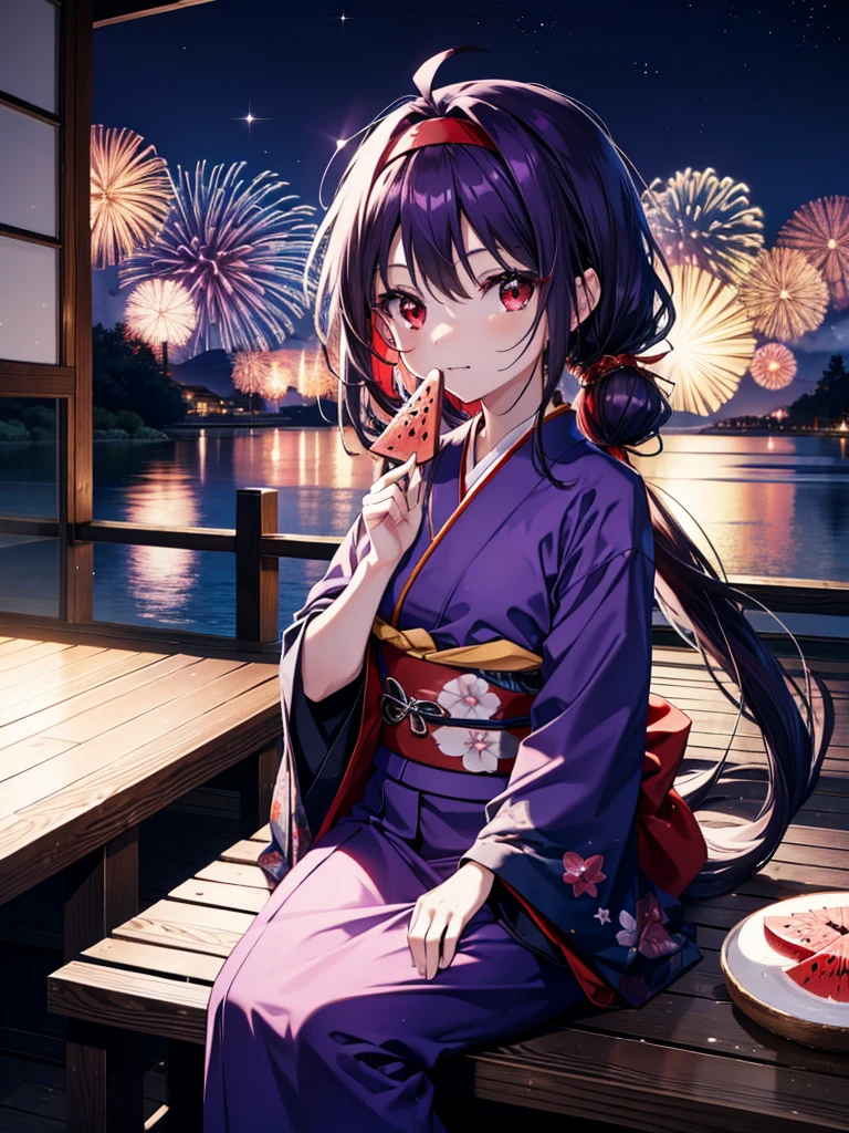 yuukikonno, Yuuki Konno, hair band, Long Hair, Pointed Ears, Purple Hair, Ahoge,(Red eyes:1.5), (Small breasts:1.2),low twin tail,smile,Open your mouth,Purple Kimono,Purple long skirt,Fireworks in the night sky,Fireworks,The place is a fireworks display,Time is night,sunny day,Sitting on a bench,He is eating a triangular piece of red watermelon, holding it in both hands.,Wind Chimes,whole bodyがイラストに入るよう,
break looking at viewer, , whole body, (Cowboy Shot:1. 5)
break indoors, Veranda,Japanese garden,
break (masterpiece:1.2), Highest quality, High resolution, unity 8k wallpaper, (figure:0.8), (Beautiful attention to detail:1.6), Highly detailed face, Perfect lighting, Highly detailed CG, (Perfect hands, Perfect Anatomy),