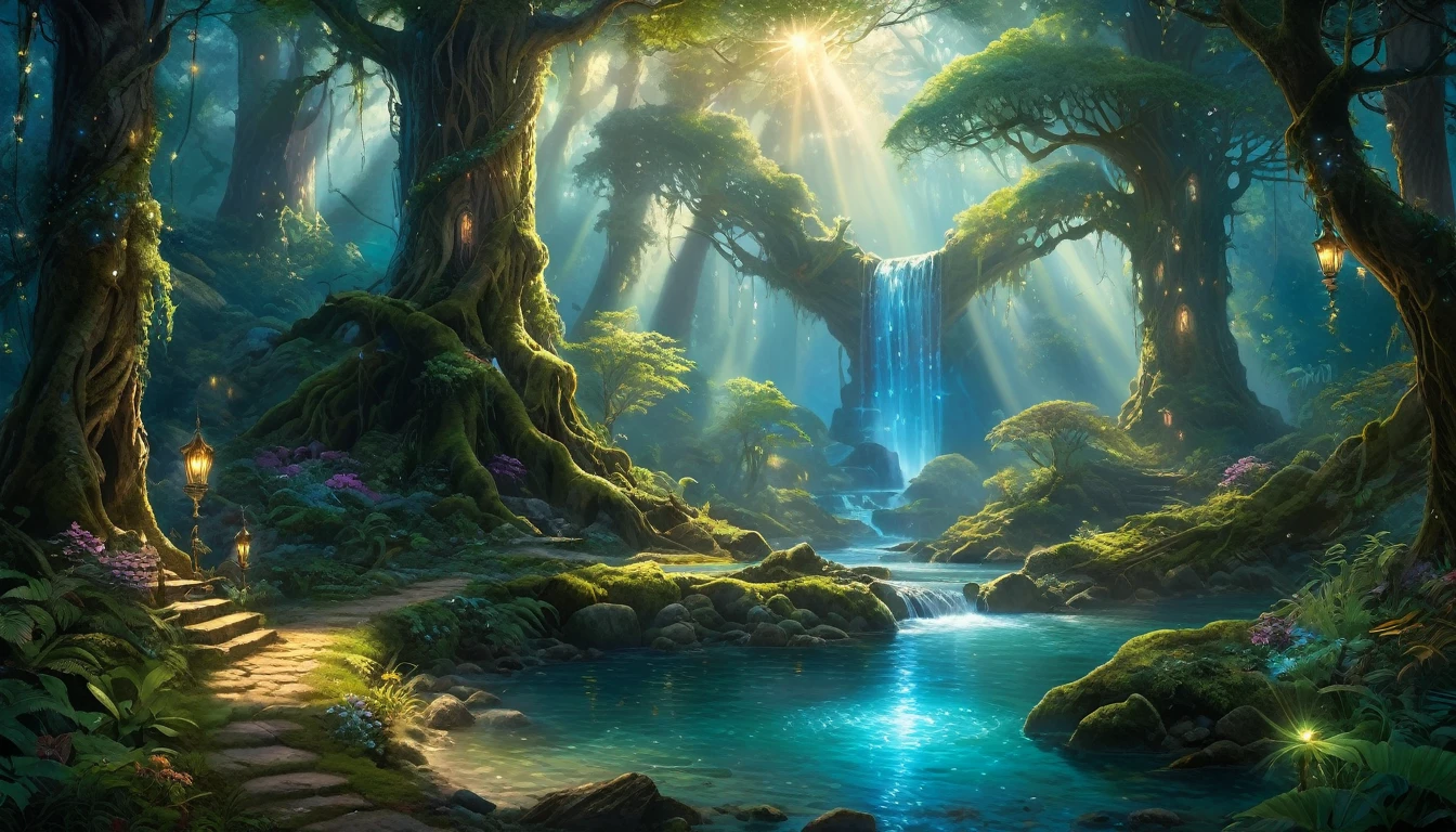 enchanted forest at twilight, ethereal light filtering through ancient towering trees, vividly detailed lush undergrowth, mystical creatures lurking in the shadows, sparkling fairy lights weaving through the foliage, a crystal-clear stream with water so pure it glows, cascading waterfall in the background with magical properties, fantasy wildlife drinking at the water's edge, highly detailed, photorealistic textures on every surface, soft diffused lighting creating a serene atmosphere, high dynamic range, ultra HD 8K resolution, depth of field emphasizing the magical focus points, art by Thomas Kinkade and Roger Dean, immersive, otherworldly beauty captured in cinematic quality,
