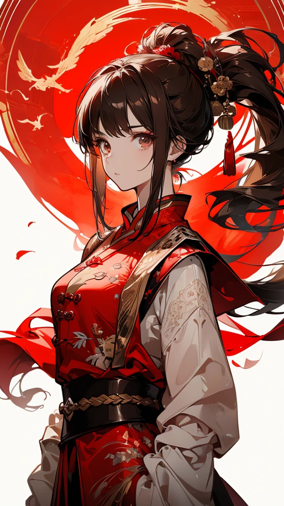((masterpiece, best quality)), Epic battlefield atmosphere,Delicate face,girl,Red Chinese clothing,whole body,Standing picture,Perfect body proportions,Double ponytail hair,Beautiful brown eyes,Fantasy style,White background,transparent,Lace