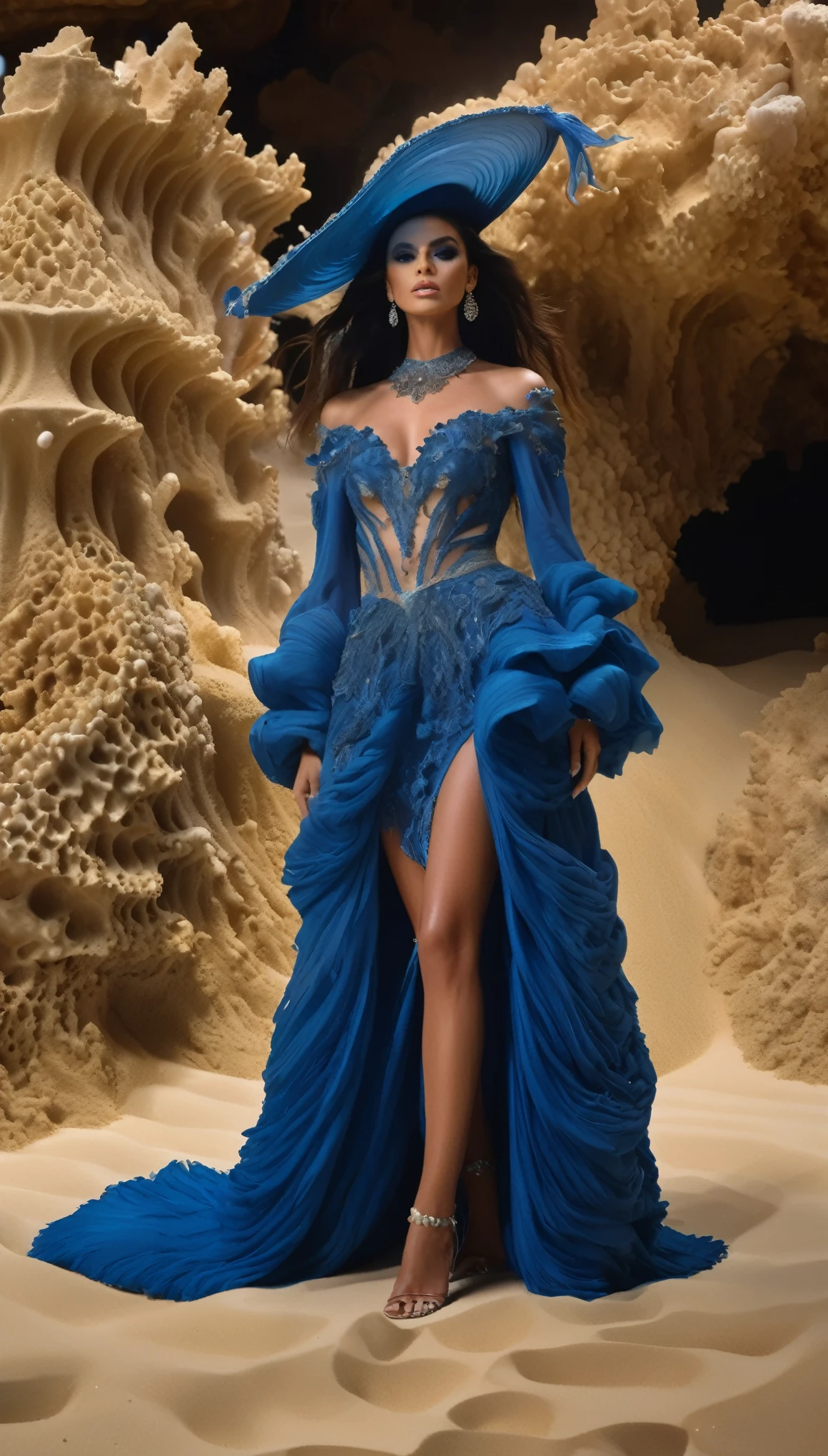 (Photograph of a female model dressed in sapphire blue marine haute couture standing on a T-shaped stage covered with sand and reefs）,Haute couture, Witch costume
background：Lots of spectators，Jupiter，Recife，Sand and foam are swirling，Blue swirling sand and foam, Dust swirls like foam,
Absurdly long hair, long eyelasher, Bright pupils, , projected inset, zoom layer, Ray tracing, god light, hyper HD, Masterpiece, retinas, Anatomically correct, Textured skin, Super detail, High details, High quality, Award-Awarded, Best quality, A high resolution, 8K