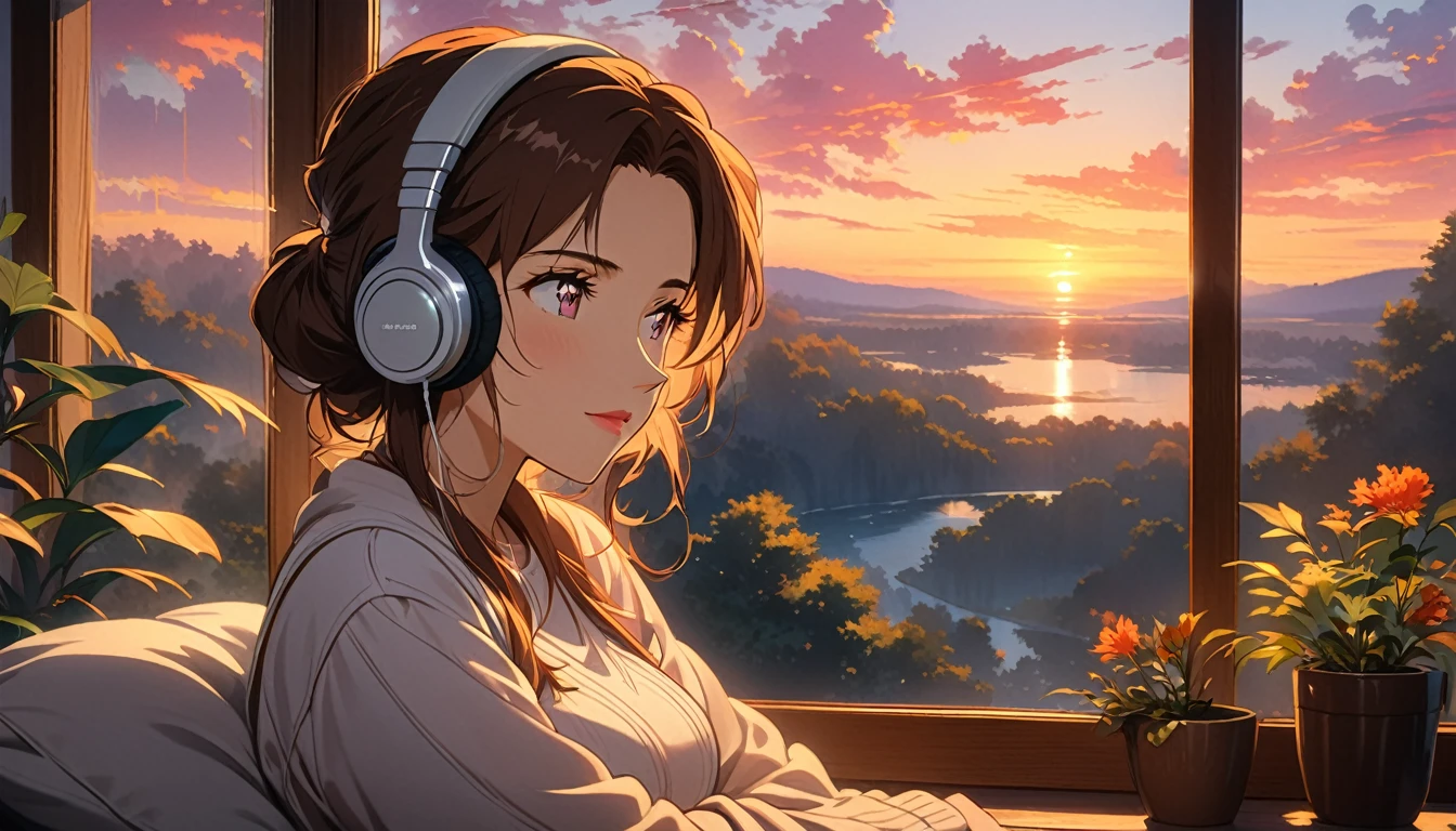 A young woman with headphones, entranced by the stunning sunset before her. She radiates peace and contentment, her eyes reflecting the warm hues of the sky as she basks in the glow of nature's beauty. This scene is portrayed in a beautifully detailed anime-style painting, capturing the girl's serene expression and the vibrant colors of the setting sun. The cozy atmosphere of her home is evident in the warm lighting and comfortable surroundings, enhancing the overall sense of tranquility and comfort emanating from the image.