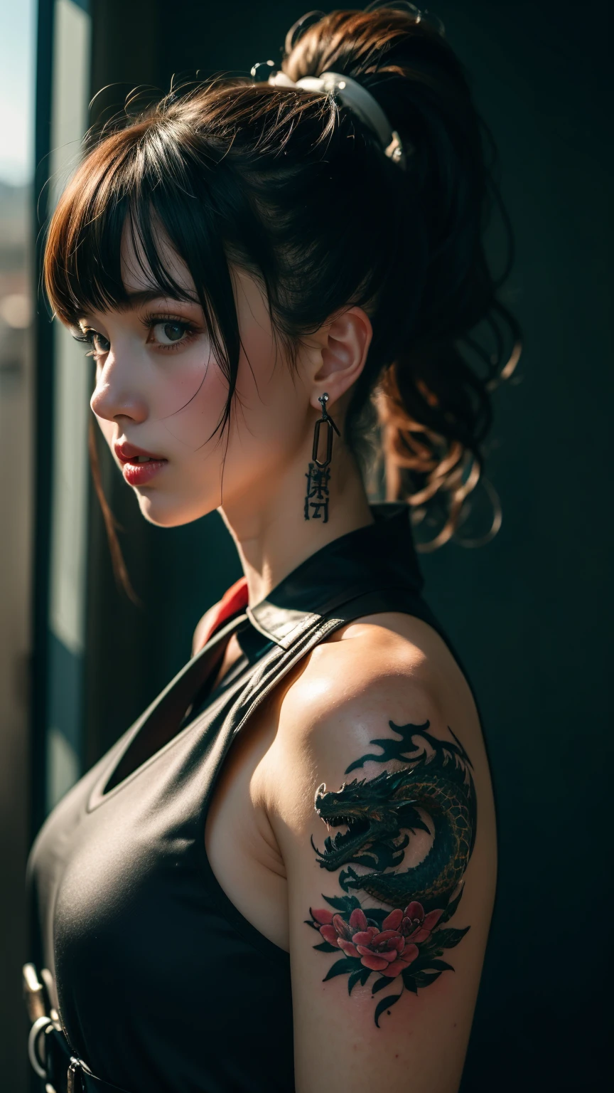 Girl's profile picture, black medium hair with bangs, high ponytail, dragon tattooon neck, irezumi, pale skin, red eyes, dragon tattoo on shoulders, dragon tattoo on chest, big tattoo, white shirt, black necktie, harness, earrings, sleeveless , realistic skin texture, detailed picture, upper body, HD32k, looking at viewer, dramatic shadows, vivid lighting, soft sunlight,