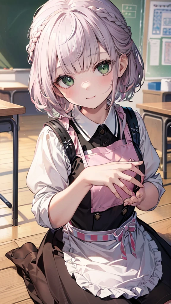 (best quality:1.2), (ultra detailed:1.2),(masterpiece:1.2),(8k:1.2),(Blessed,Captivating body、Ultra detailed hands、Ultra-detailed eyes、Ultra-detailed skin、ultra-detailed face,Detailed Background),One Girl、(kindergarten teacher, pink apron, kindergarten:1.5),large breasts,(in the kids room:1.2), children’s toy, in the daytime,gentle smile, ccnoel, short hair, french braid, hair ribbon, green eyes、(Patting the child's head:1.6)