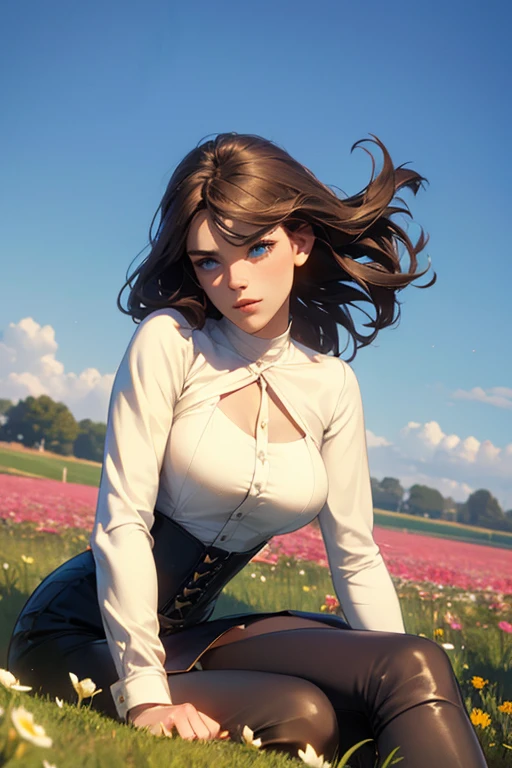 A striking scene with a mature 21-year-old female character, captivating the attention of an adolescent boy in a lively spring field. The woman, with her long wavy blond hair, V-shaped bangs, and blue eyes, exudes confidence in her white blouse and chocolate-colored corset, skinny tight blue jeans, and high boots. The boy, with short dark hair and a slim build, gazes intently at her, showcasing his admiration. The background is a vibrant, sunlit field, creating a dynamic and intriguing atmosphere that tells a story of attraction and curiosity.