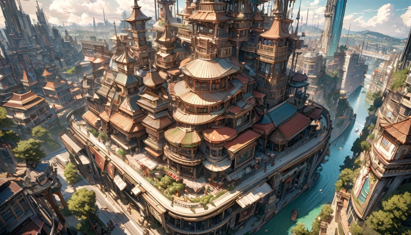 masterpiece, 8K, best quality, Very detailed, prosperous scenery & A bustling dream town with high-tech buildings