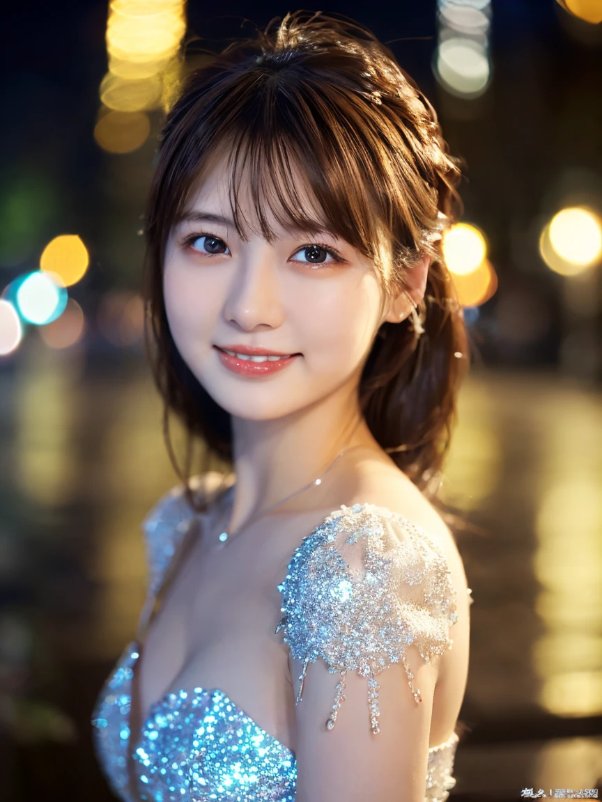 1 Girl, (Wearing a white glitter dress:1.2), (RAW Photos, Highest quality), (Realistic, Photorealistic:1.4), Tabletop, Very delicate and beautiful, Very detailed, 2k wallpaper, wonderful, finely, Very detailed CG Unity 8k 壁紙, Very detailedな, High resolution, Soft Light, Beautiful detailed girl, Very detailed目と顔, Beautiful and detailed nose, Finely beautiful eyes, Cinema Lighting, City lights at night, Perfect Anatomy, Slender body, smile