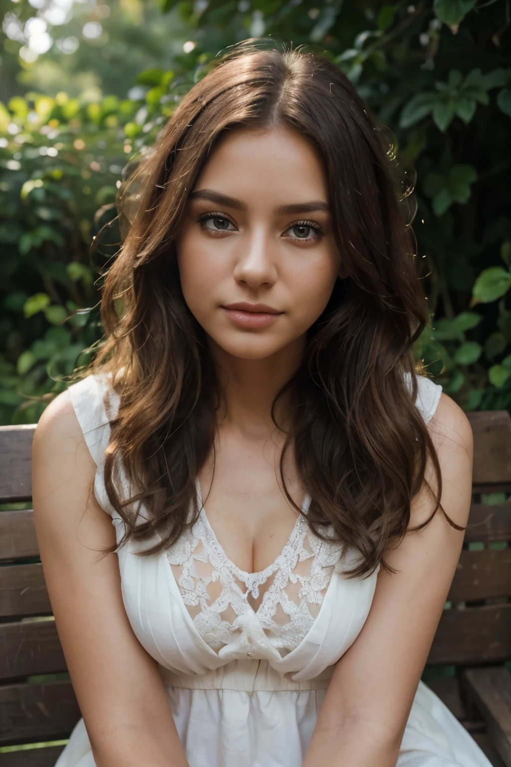 a beautiful girl in a garden, long wavy hair, serene expression, wearing a flowing white dress, sitting on a bench surrounded by lush greenery and colorful flowers, soft natural lighting, cinematic composition, highly detailed, photorealistic, (best quality,4k,8k,highres,masterpiece:1.2),ultra-detailed,(realistic,photorealistic,photo-realistic:1.37),beautiful detailed eyes,beautiful detailed lips,extremely detailed eyes and face,longeyelashes,intricate details,warm color palette,natural lighting
