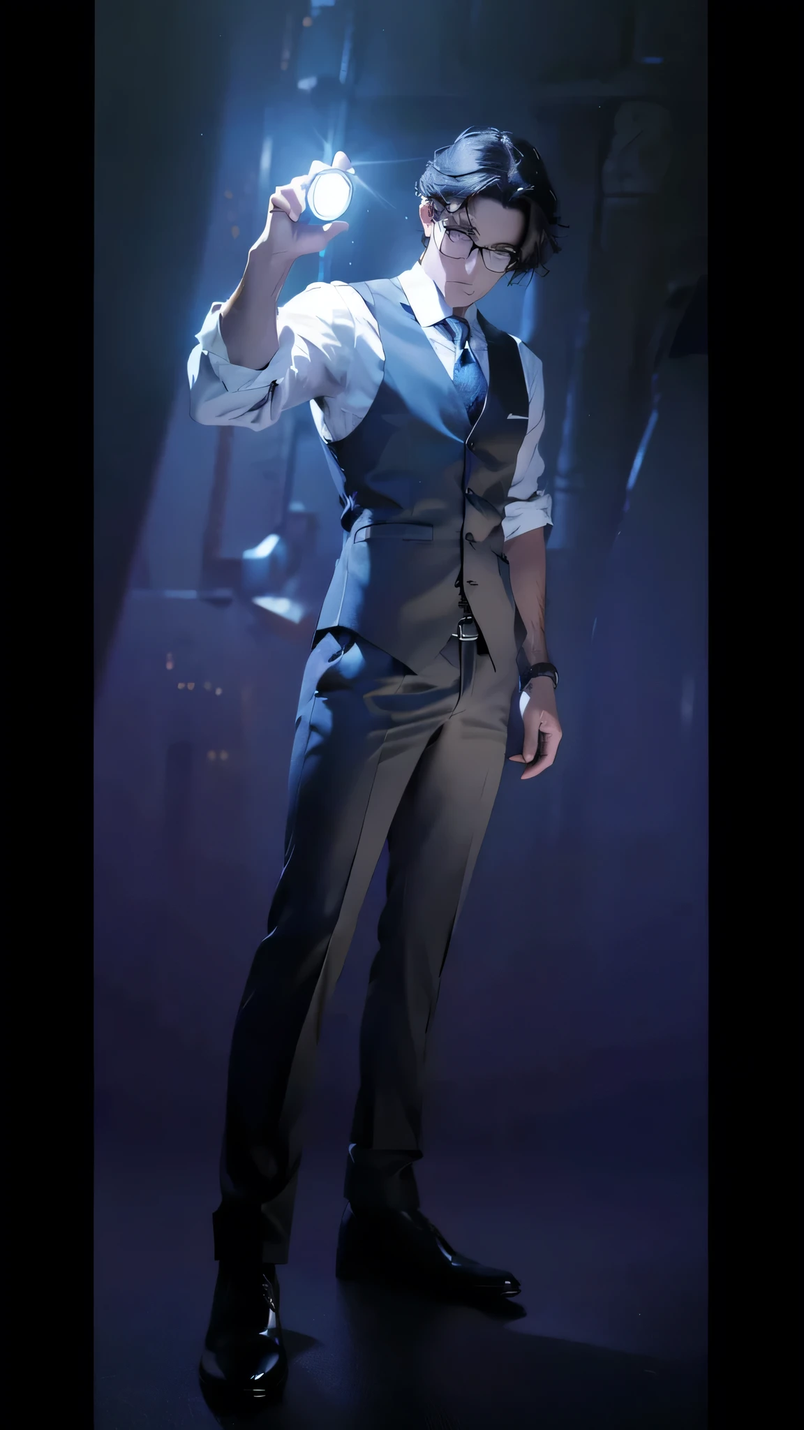 Ultra-detailed, master piece, best quality, high resolution, beautiful eyes, detailed eyes, detailed face, A serious-looking man stands in a dark room, holding a flashlight right next to his face, shining it directly ahead. The scene is from a movie. The man is fully depicted, wearing a vest, white shirt, blue tie, and glasses, with detailed rendering of his face and hands. He has short black hair and a determined expression. The atmosphere is tense and mysterious, with shadows and subtle details highlighting the rooms darkness