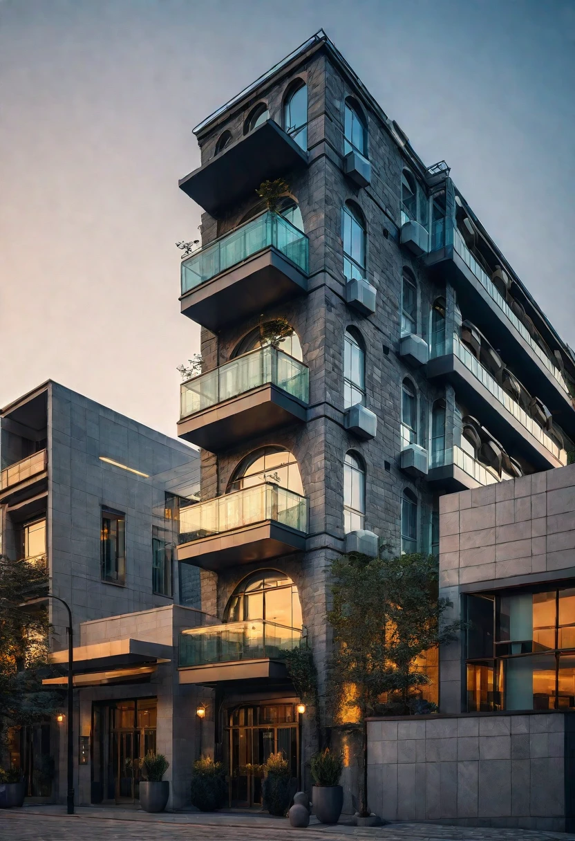 exterior of highrise hotel building, contemporary style, inspired of Norman Forster, glass with steel frame facade, 5 stars hotel design, beautiful landscape, stone pavement,cars, RAW photo, 8k uhd, dslr, soft lighting, high quality, film grain, Fujifilm XT3,masterpiece,