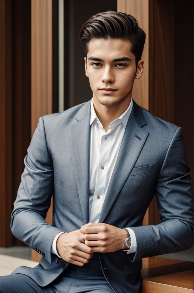 Potrait of 25 years old, masculine, in suit, perfect face, handsome