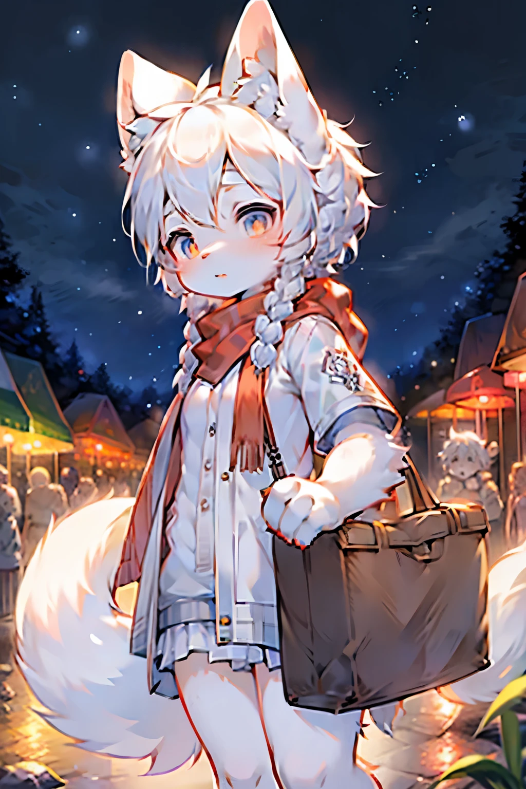 Arctic Fox Girl,Furry girls,Characteristics of female infants and young children,White hair,Double braids,White skin,White Arm,scarf,Short skirt,Nordic town background