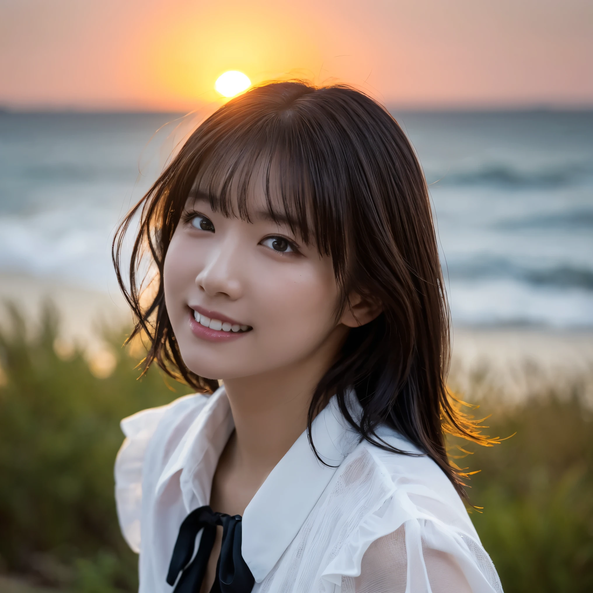 (Highest quality,masterpiece:1.3,Ultra-high resolution),(Very detailed,Caustics,8k),(Realistic:1.4,RAW shooting),Japanese,23 years old,cute,Put your finger on your lips,Are standing,(Big smile),(Looking into the camera),Black Hair Medium Hair,Big Breasts,White blouse,Knee-length skirt,Strong winds,Hair blowing in the wind,Coastal,Backlight,sunset,sunset sky,(Bust up shot),(Face Focus:1.1),(Face close-up:1.1),Low position,Low - Angle,Natural light,Look forward