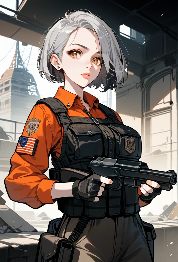 masterpiece, best quality, mature woman, short hair, (buzzcut hair), gray hair, evil eyes, amber eyes, glossy lips, mature face, sharp expression, operative clothing, bulletproof vest, tactical vest, fingerless gloves, holding pistol, abandoned building