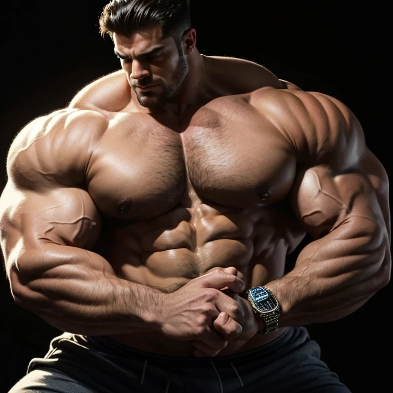 a very handsome, large, bodybuilder, massively muscular man, with massively large muscles, with massively large, muscular and defined body, with massively large and muscular arms, with massively large biceps, on a black background