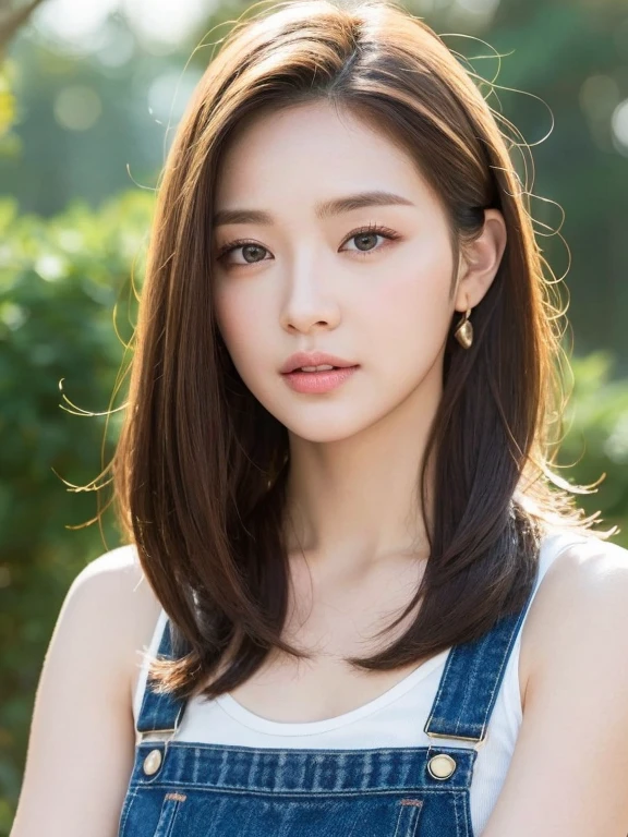 ((Highest quality, 8k, masterpiece :1.3)), Sharp focus：1.2, Bright colors, Professional level, ((Bokeh effect)), Shallow depth of field, 20-year-old woman, camisole,Overalls, 1 person, A beautiful face with intelligence, Flexible body :1.3, Model body type:1.5, 頭w:1.4, Perfect Style：1.4, Realistic skin texture, Fair skin, Glowing Skin, Narrow shoulders, Beautiful clavicle, Long, slender legs, The beauty of slim abs :1.2, Narrow waist :1.2, Highly detailed face, Slim face contour, Beautiful small face, Beautiful nose, Very fine eye, Long, narrow eyes, Brown eyes, double eyelid, Beautiful thin eyebrows, fine long eyelashes, Fuller lips, Glossy pink lips, Blushing, Beautiful Teeth, Beautiful actress&#39; Perfect Makeup, Silver Necklace, Earrings, Light brown hair, Delicate and soft hair, (Short Bob, ponytail :1.2), Layered Cut, (Blunt bangs:1.2), Mouth half open, A dreamy look, Looking into the camera, ((Sleep on your back:1.2)), (Full body image from thigh:1.2), Dynamic Lighting, 