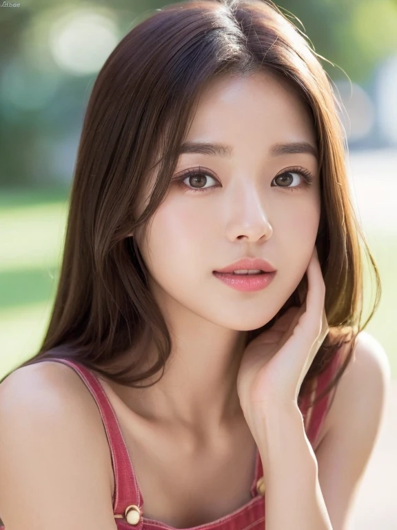 ((Highest quality, 8k, masterpiece :1.3)), Sharp focus：1.2, Bright colors, Professional level, ((Bokeh effect)), Shallow depth of field, 20-year-old woman, camisole,Overalls, 1 person, A beautiful face with intelligence, Flexible body :1.3, Model body type:1.5, 頭w:1.4, Perfect Style：1.4, Realistic skin texture, Fair skin, Glowing Skin, Narrow shoulders, Beautiful clavicle, Long, slender legs, The beauty of slim abs :1.2, Narrow waist :1.2, Highly detailed face, Slim face contour, Beautiful small face, Beautiful nose, Very fine eye, Long, narrow eyes, Brown eyes, double eyelid, Beautiful thin eyebrows, fine long eyelashes, Fuller lips, Glossy pink lips, Blushing, Beautiful Teeth, Beautiful actress&#39; Perfect Makeup, Silver Necklace, Earrings, Light brown hair, Delicate and soft hair, (Short Bob, ponytail :1.2), Layered Cut, (Blunt bangs:1.2), Mouth half open, A dreamy look, Looking into the camera, ((Sleep on your back:1.2)), (Full body image from thigh:1.2), Dynamic Lighting, 