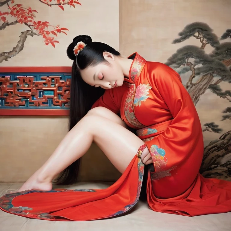 A side view of a Chinese empress, seen from close up on her buttocks. The background is a room in a Chinese palace during the Qing dynasty. She is sleeping in red Hanfu, with only her large buttocks sticking out. She is either wearing underwear or not, and her protruding buttocks are floating up. Her hair is decorated with a large, flashy flower. The back of the hair is tied up and up. Erotic Woman
