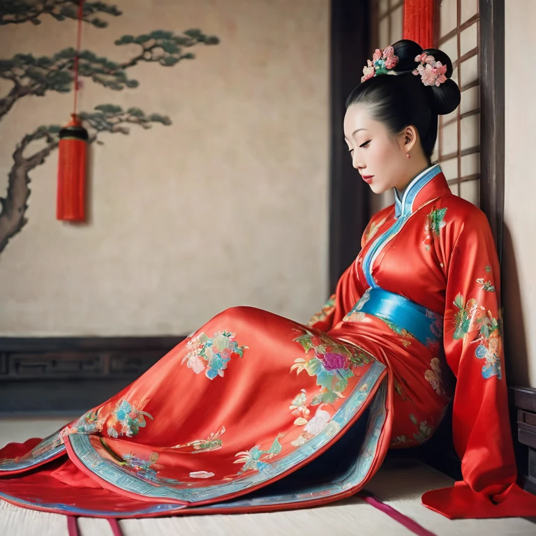 A side view of a Chinese empress, seen from close up on her buttocks. The background is a room in a Chinese palace during the Qing dynasty. She is sleeping in red Hanfu, with only her large buttocks sticking out. She is either wearing underwear or not, and her protruding buttocks are floating up. Her hair is decorated with a large, flashy flower. The back of the hair is tied up and up. Erotic Woman