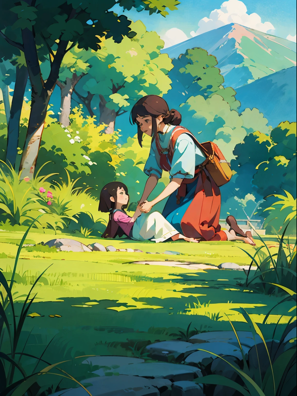 Mother, Father, daughter, Happy mountain travel, Tranquil garden style, Colorful animation stills, Teraoka Masami, aquamarine, Paul Gauguin, Alice, Realistic depiction