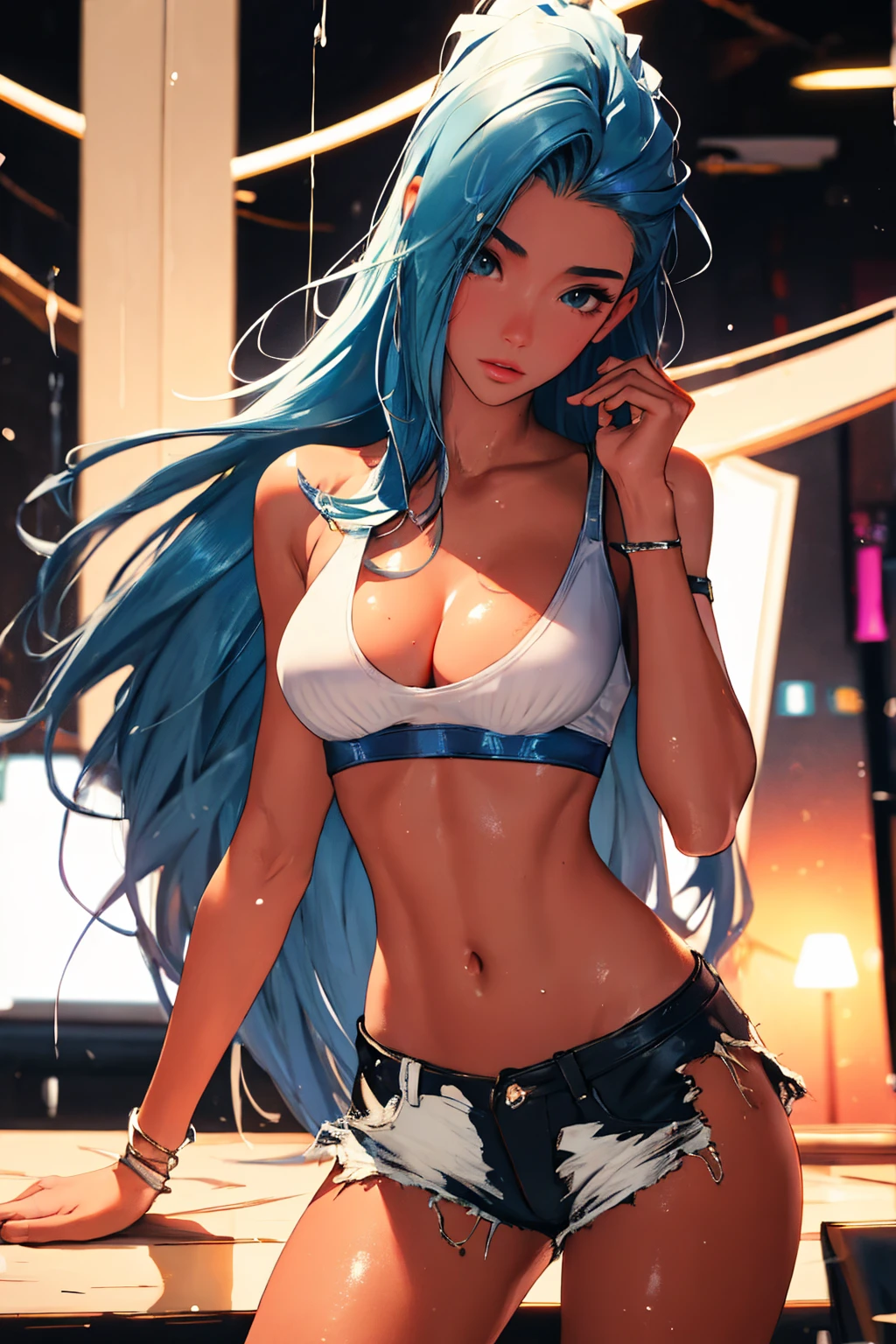 (best quality: 1.2), clean face, (masterpiece: 1.2, 8k)(PureErosFace_V1: 0.7), perfect anatomy, 1girl,a beautiful fashion model ,(masterpiece, official art, best quality) (wet skin, shiny skin) ,long and shiny hair, blue hair with streaks in hair, long hair, full lips, upturned nose , big breasts, looking at viewer, revealing outfit, absurdity, intricate details, dynamic pose, club, cinematic lighting, (highly detailed skin: 1.2), wearing
short shorts and a tight white top, cleavage, torn clothes, thong straps